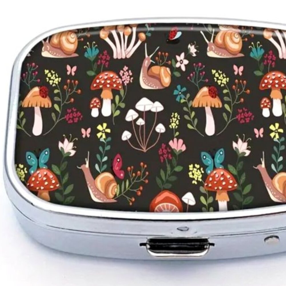Woodsy Nature Mushrooms Flowers Rectangular Purse Travel Vitamin Pill Box